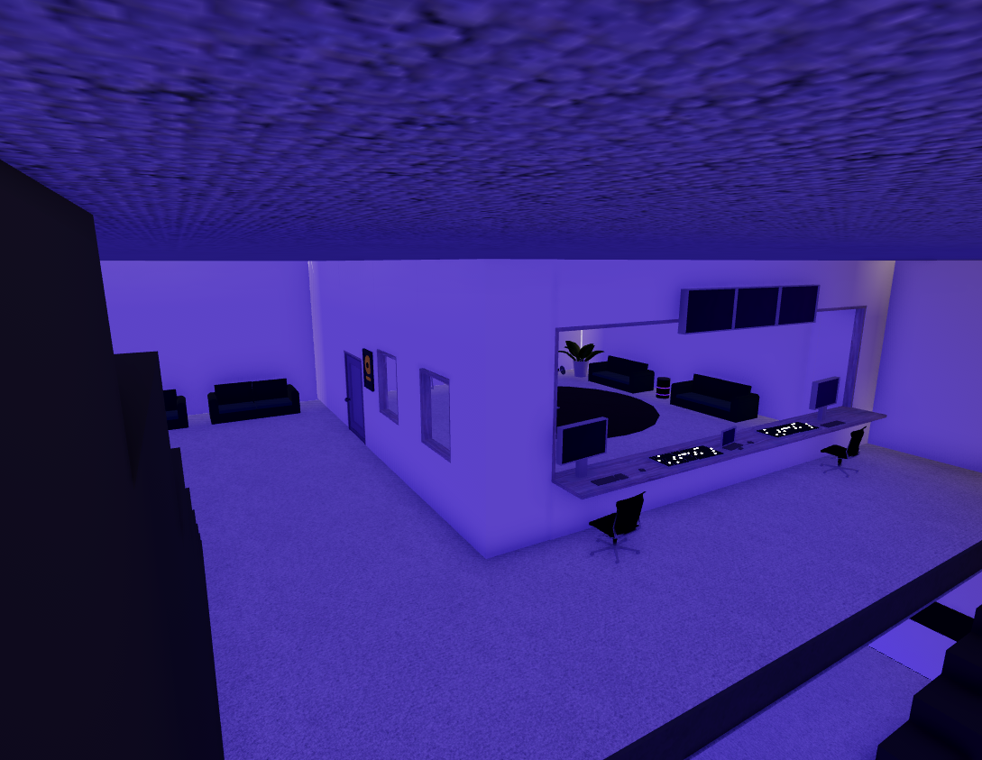 Modern lit control room interior built in Roblox