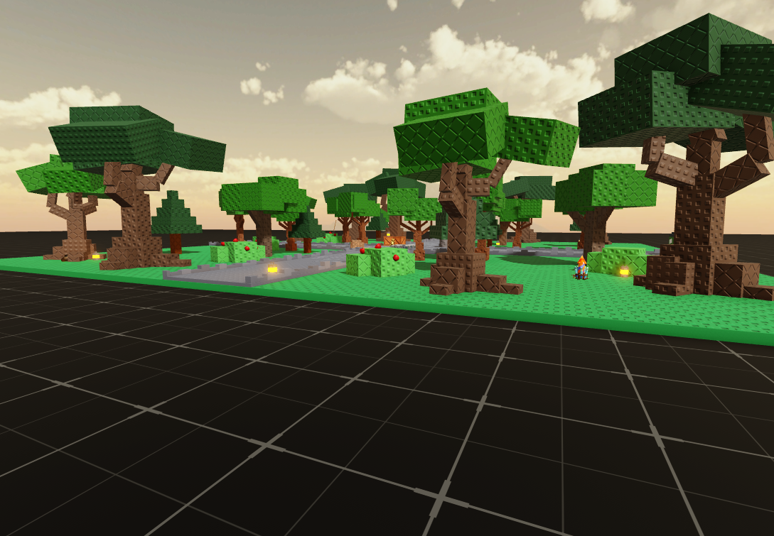 Stylized voxel forest environment built in Roblox by Thoirz